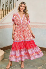 Red Boho Floral Tassel Tie Sleeve Maxi Dress - Femstylo