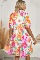 Green Floral Puff Sleeve Buttoned Babydoll Dress