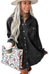 Medium Grey Chest Pocket Raw Hem Denim Loose Shirt Dress