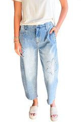 Beau Blue Light Wash Floral Pocketed High Waist Jeans