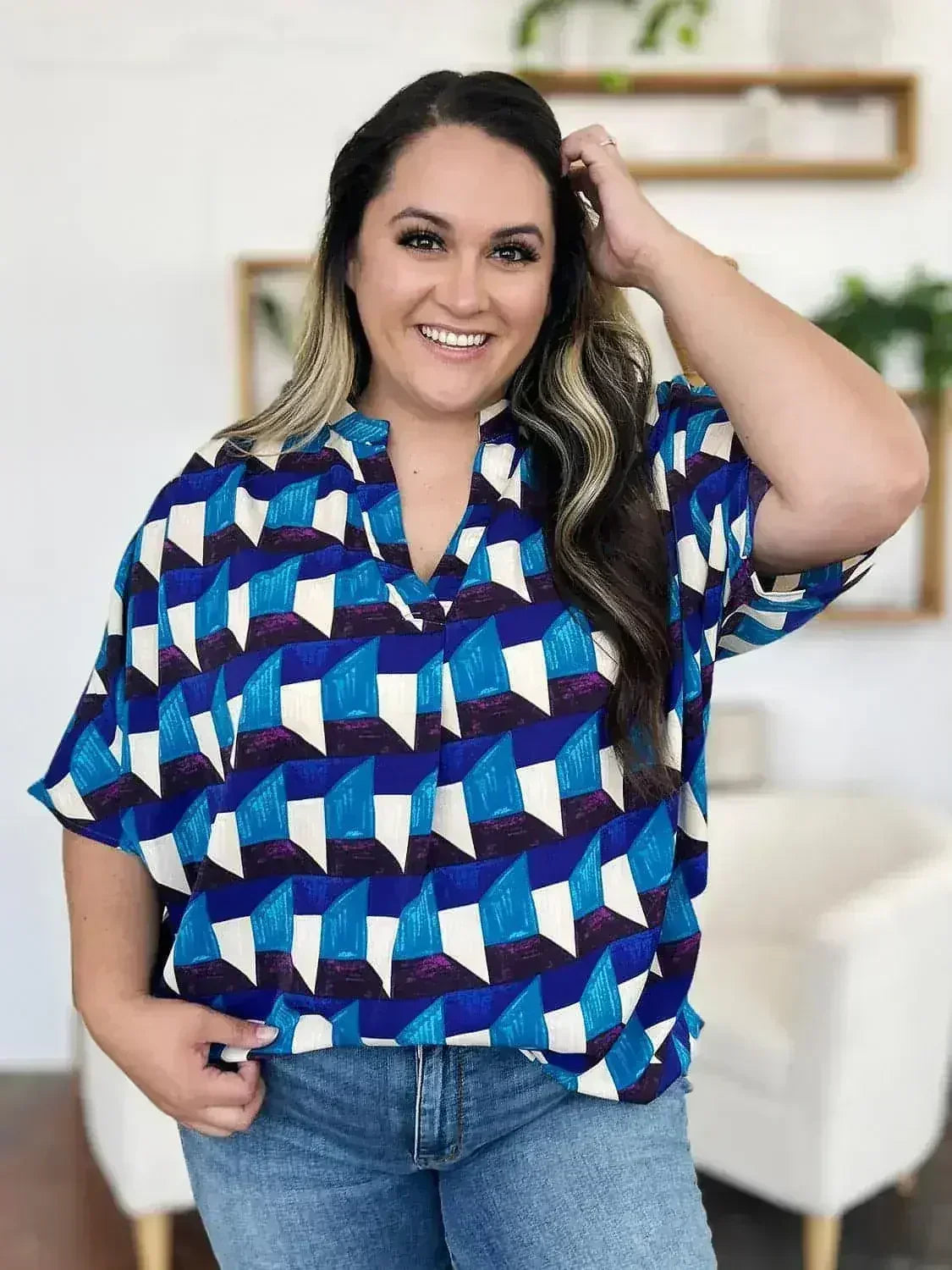 Geometric Notched Sleeve Blouse - Versatile Top | Femstylo - Femstylo