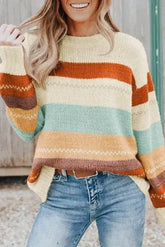 Crew Neck Drop-shoulder Striped Color Block Sweater - Femstylo