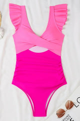 Black Color Block Cut Out Criss Cross One Piece Swimsuit