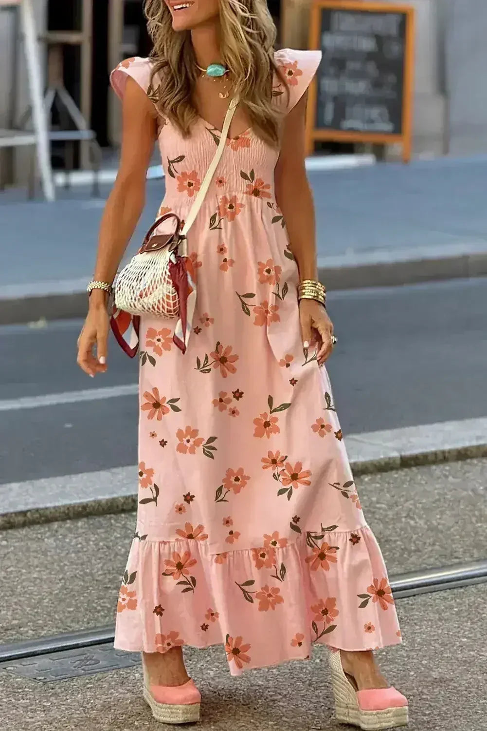 Pink Floral V Neck Smocked High Waist Ruffle Hem Maxi Dress - Femstylo