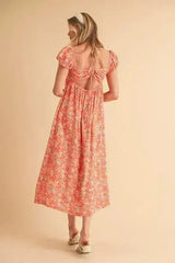 Aemi + Co Cutout Back Floral Square Neck Puff Sleeve Midi Dress - Femstylo