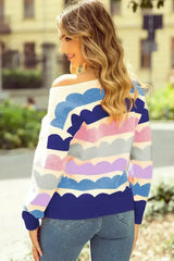 Dark Blue Wave Striped Balloon Sleeve Drop Shoulder Sweater - Femstylo
