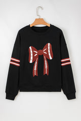Black Varsity Baseball Bow Graphic Striped Sleeve Baggy Sweatshirt