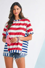 Red Stripe Loose Casual Color Block T Shirt - Femstylo