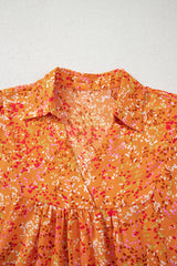 Orange Abstract Print Loose Fit Collared V Neck Babydoll Blouse
