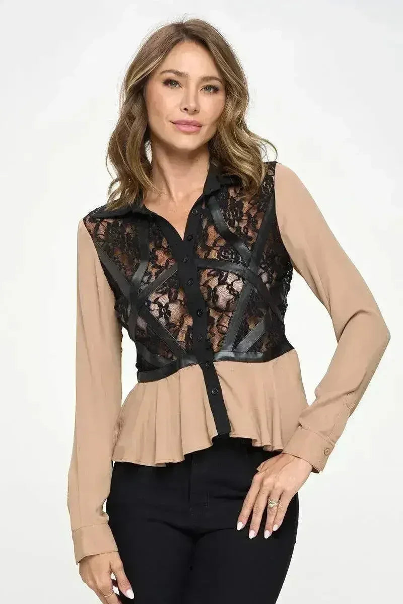 Chic Sheer Lace Peplum Blouse with Faux Leather Accents - Femstylo