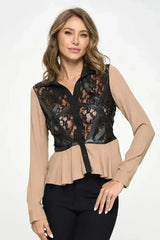 Chic Sheer Lace Peplum Blouse with Faux Leather Accents - Femstylo