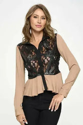 Chic Sheer Lace Peplum Blouse with Faux Leather Accents - Femstylo