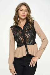 Chic Sheer Lace Peplum Blouse with Faux Leather Accents - Femstylo