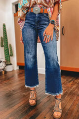 Sail Blue Mineral Wash Raw Hem High Waist Flared Jeans - Femstylo