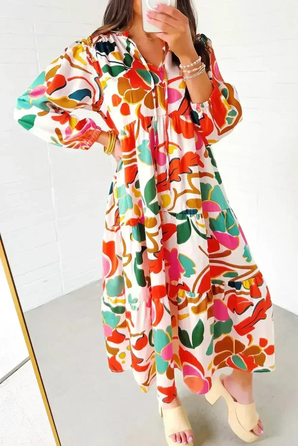 Orange Abstract Tie V Neck Tiered Maxi Dress - Femstylo