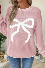 Pink Sweet Bow Drop Sleeve Round Neck Sweater - Femstylo