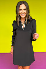 Black Striped Trim V Neck Collared Puff Sleeve Mini Dress