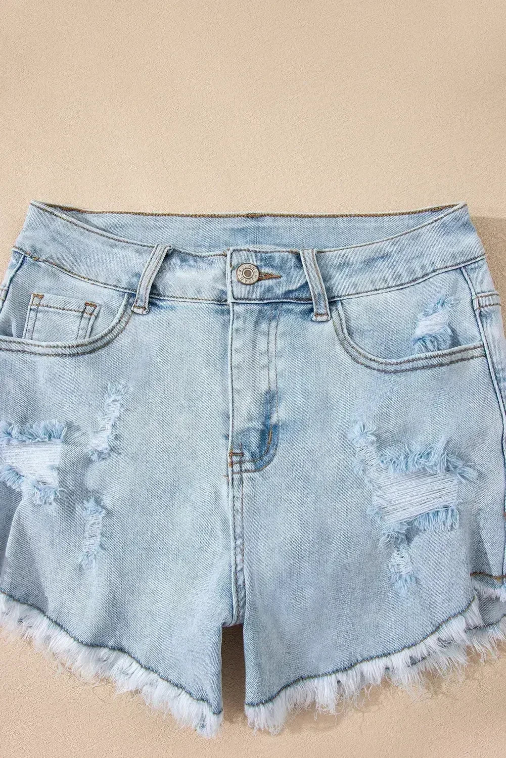 Beau Blue High Rise Distressed Raw Hem Denim Shorts - Femstylo