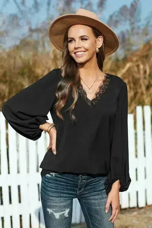 Lace V Neck Balloon Sleeves Top - Femstylo