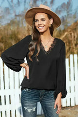 Lace V Neck Balloon Sleeves Top - Femstylo