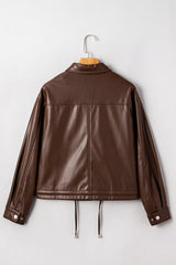 Chicory Coffee Flap Pocket Drawstring Hem Leather Jacket