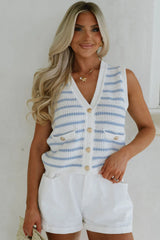 Sky Blue Striped V Neck Button Knit Vest