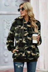 Women's Winter Green Camo Print Warm Furry Pullover Hoodie - Femstylo