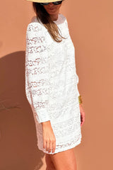 White Lace Floral Round Neck Puff Sleeve Shift Mini Dress