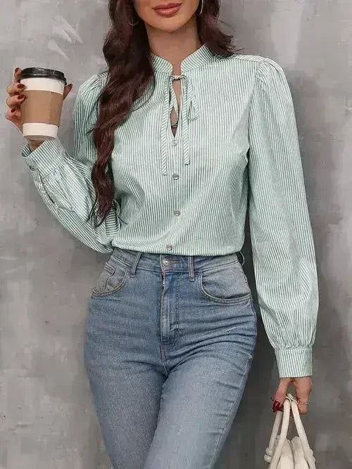 Striped Tie Neck Long Sleeve Blouse – Femstylo - Femstylo