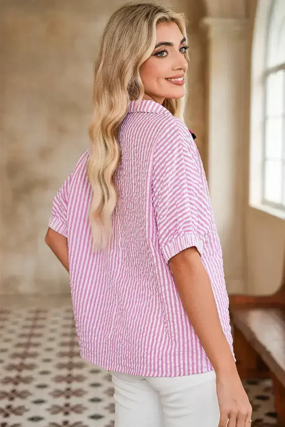 Sachet Pink Striped Dolman Sleeve Color Neckline Blouse | Femstylo - Femstylo