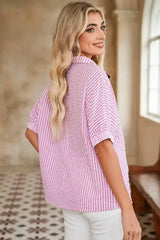 Sachet Pink Striped Dolman Sleeve Color Neckline Blouse | Femstylo - Femstylo