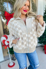 Khaki Checkered Sherpa Jacket | Corduroy Patchwork Zip-Up - Femstylo