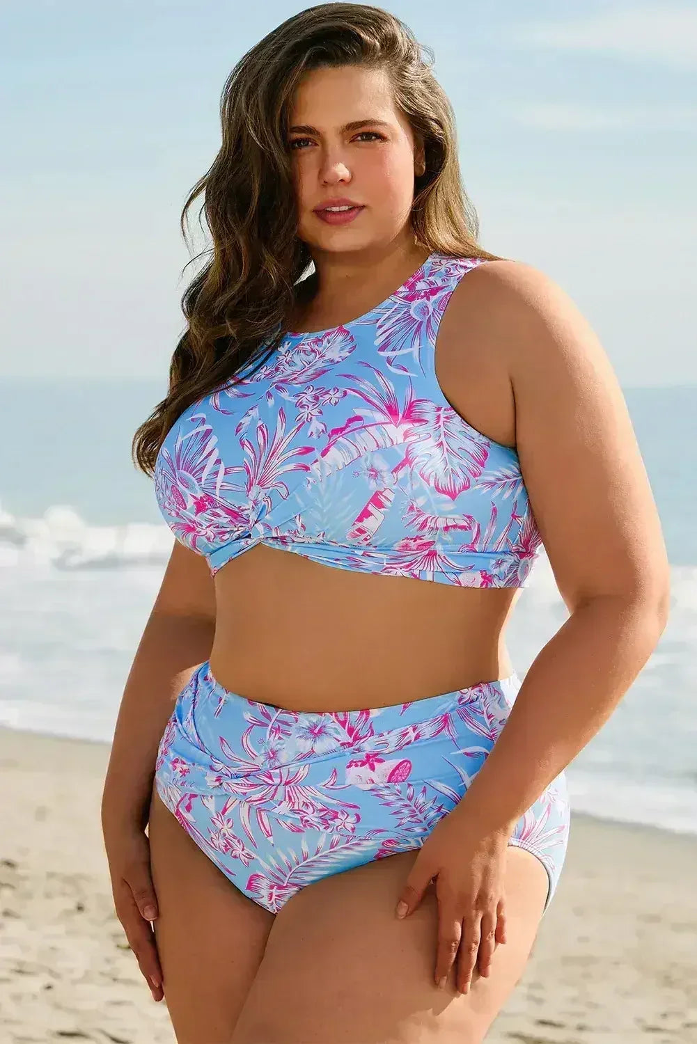 Rose Plus Size Floral Print Twisted High Waist Bikini Set - Femstylo