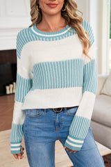 Light Blue Two Tone Striped Patchwork Drop Shoulder Sweater