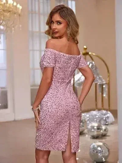 Slit Sequin Off-Shoulder Mini Dress - Femstylo