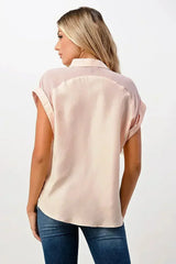 Rolled Sleeve Button-Up Satin Blouse - Femstylo