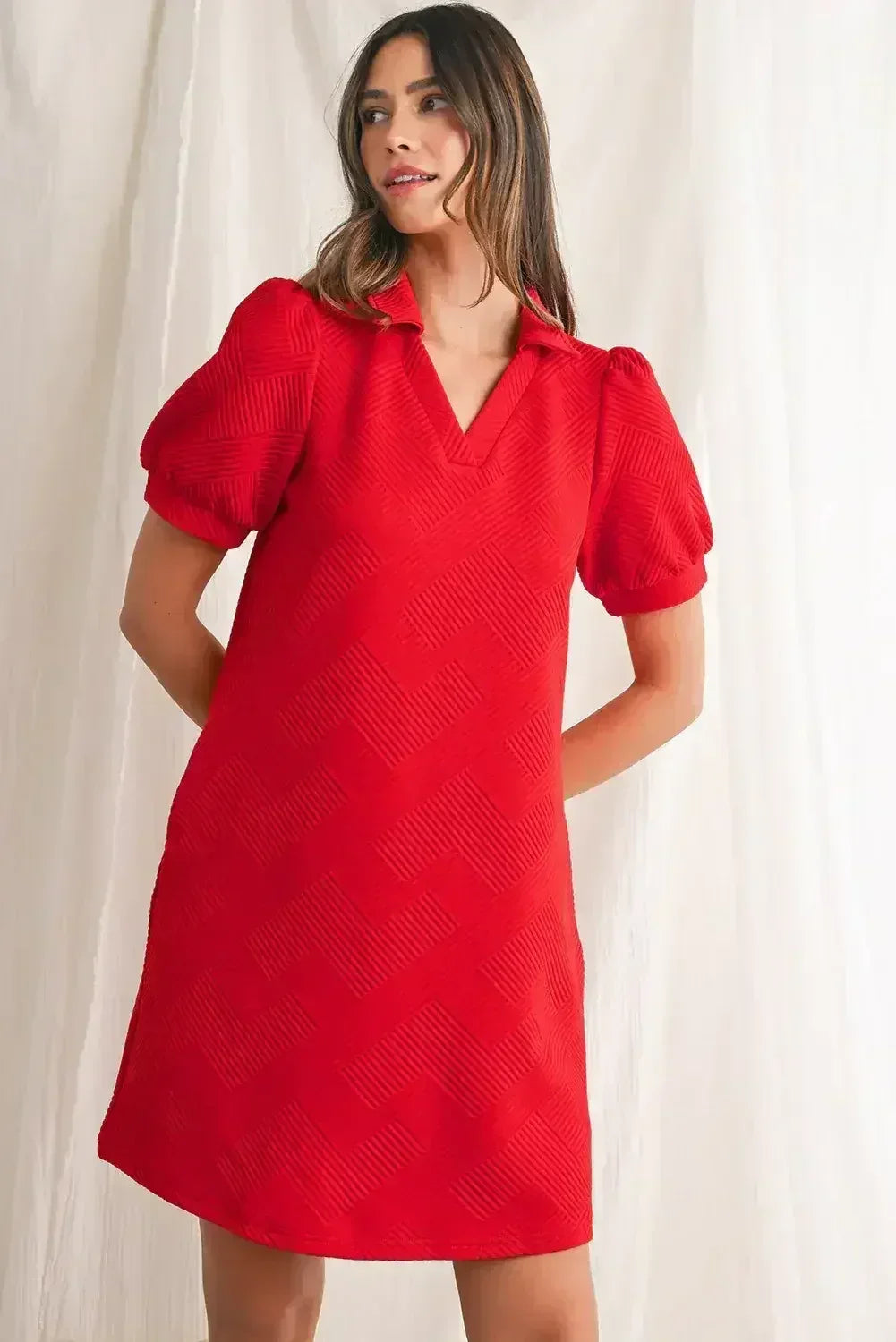 Fiery Red V Neck Puff Sleeve Textured Mini Dress - Femstylo