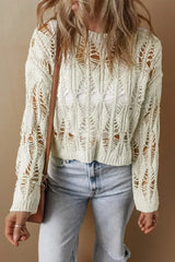White Crochet Crew Neck Sweater - Loose Fit & High Elasticity | Femstylo - Femstylo