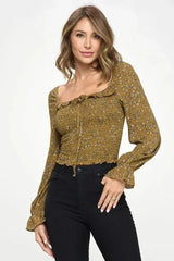 Smocked Floral Long Sleeve Top with Ruffle Neckline - Femstylo
