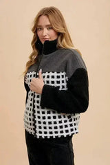 Annie Wear Plaid Zip Up Drop Shoulder Sherpa Jacket - Femstylo