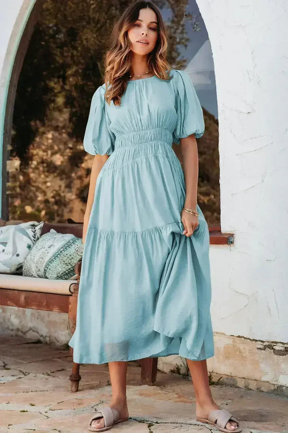 Light Blue Puff Sleeve High Waist Flowy Midi Dress - Femstylo