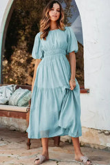 Light Blue Puff Sleeve High Waist Flowy Midi Dress - Femstylo
