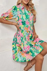 Green Floral Puff Sleeve Buttoned Babydoll Dress