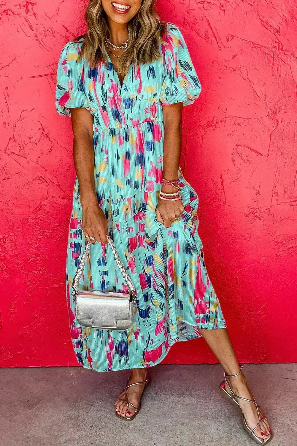 Sky Blue Abstract Print Short Puff Sleeve Tiered Maxi Dress - Femstylo