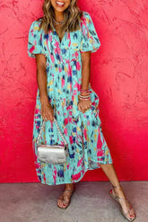 Sky Blue Abstract Print Short Puff Sleeve Tiered Maxi Dress - Femstylo