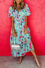 Sky Blue Abstract Print Short Puff Sleeve Tiered Maxi Dress - Femstylo