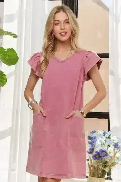ADORA Mineral Washed V-Neck Ruffled Cap Sleeve Dress - Femstylo