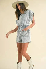 Annie Wear Elastic Waistband Short Sleeve Denim Romper - Femstylo
