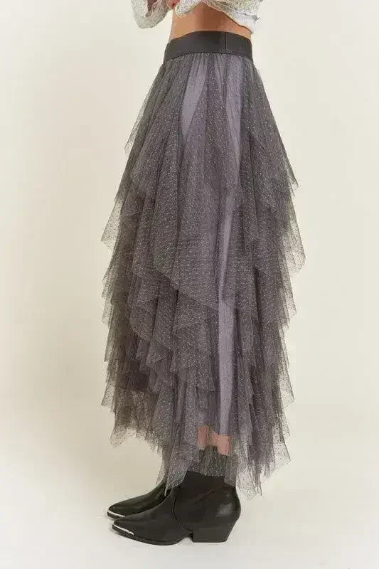 PLUS LAYER POLKA DOT MESH LINED A-LINE MIDI SKIRT - Femstylo