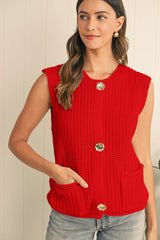 Fiery Red Solid Textured Knit Side Pockets Buttoned Sweater Vest